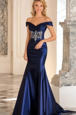 Marinha elegante fora do ombro sereia cetim longa mãe do vestido da noiva com bordado