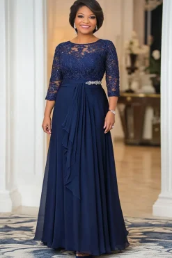 Marinha elegante uma linha de barco pescoço chiffon longa mãe do vestido da noiva com apliques de renda