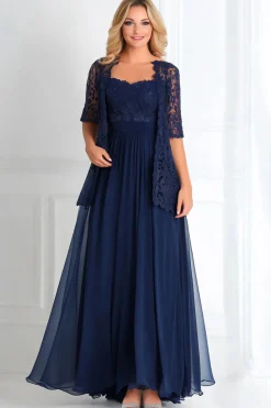 Marinha Elegante Uma Linha Barco Pescoço Chiffon Renda Applique Long Mãe Do Vestido da Noiva com 3/4 Mangas
