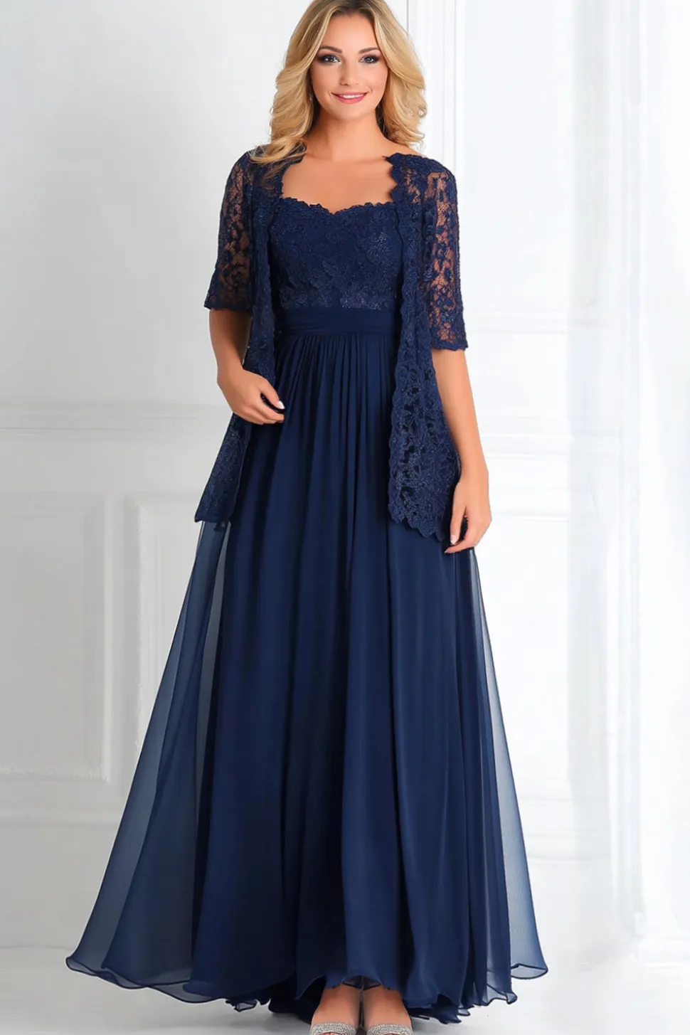 Marinha Elegante Uma Linha Barco Pescoço Chiffon Renda Applique Long Mãe Do Vestido da Noiva com 3/4 Mangas