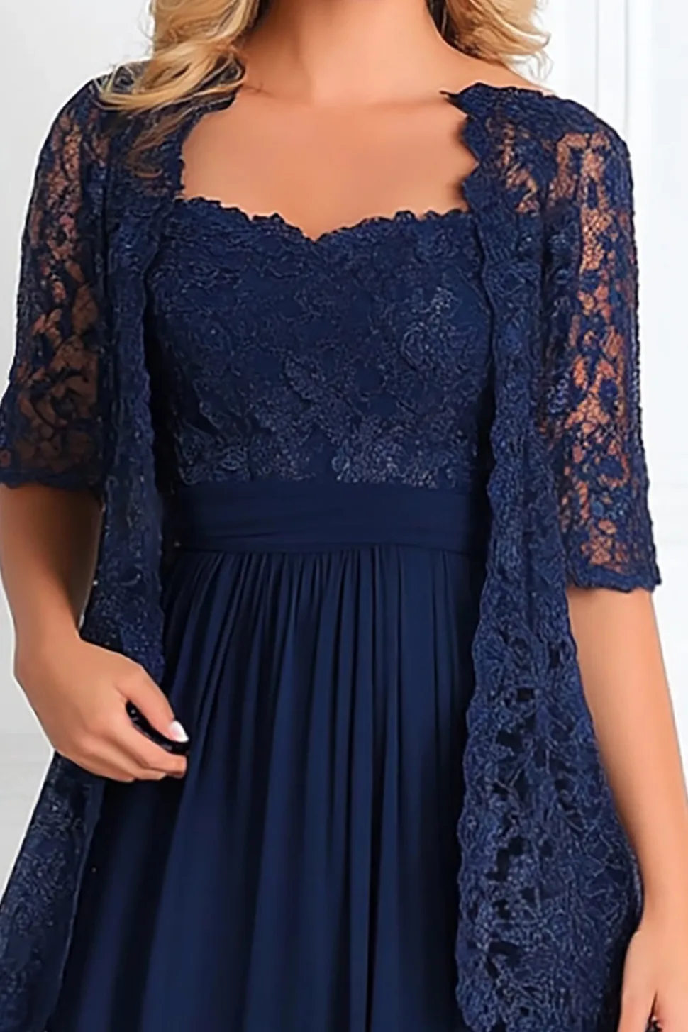 Marinha Elegante Uma Linha Barco Pescoço Chiffon Renda Applique Long Mãe Do Vestido da Noiva com 3/4 Mangas