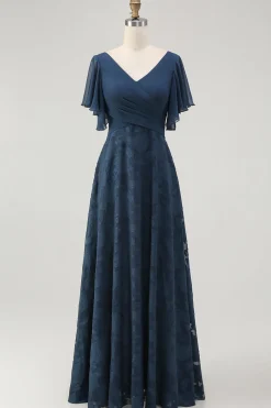 Marinha Floral A Linha V Pescoço Longo Vestido Madrinha com mangas Flutter