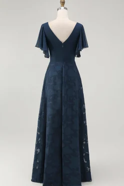 Marinha Floral A Linha V Pescoço Longo Vestido Madrinha com mangas Flutter