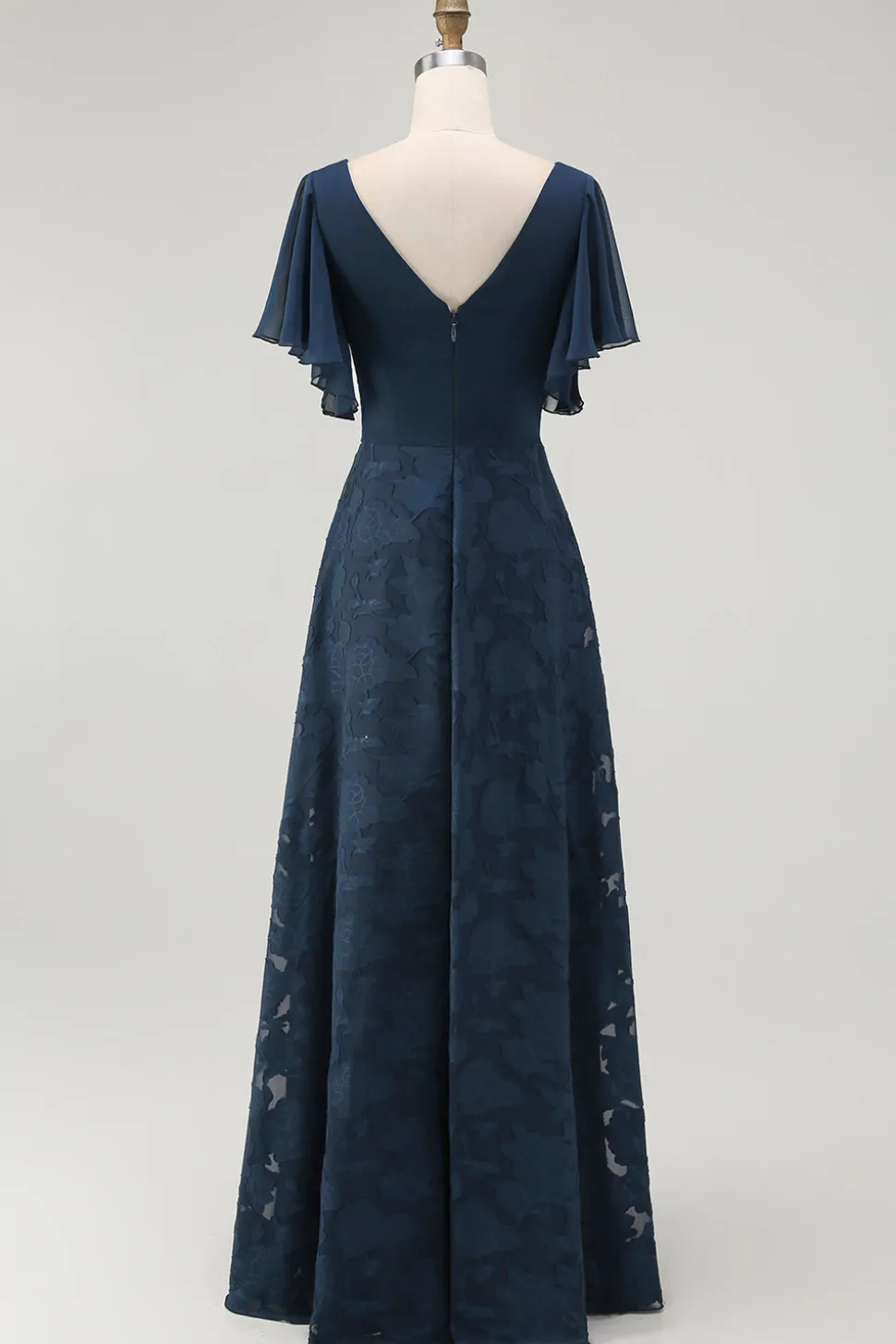 Marinha Floral A Linha V Pescoço Longo Vestido Madrinha com mangas Flutter