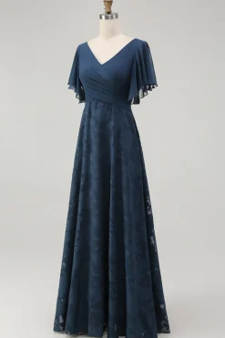 Marinha Floral A Linha V Pescoço Longo Vestido Madrinha com mangas Flutter