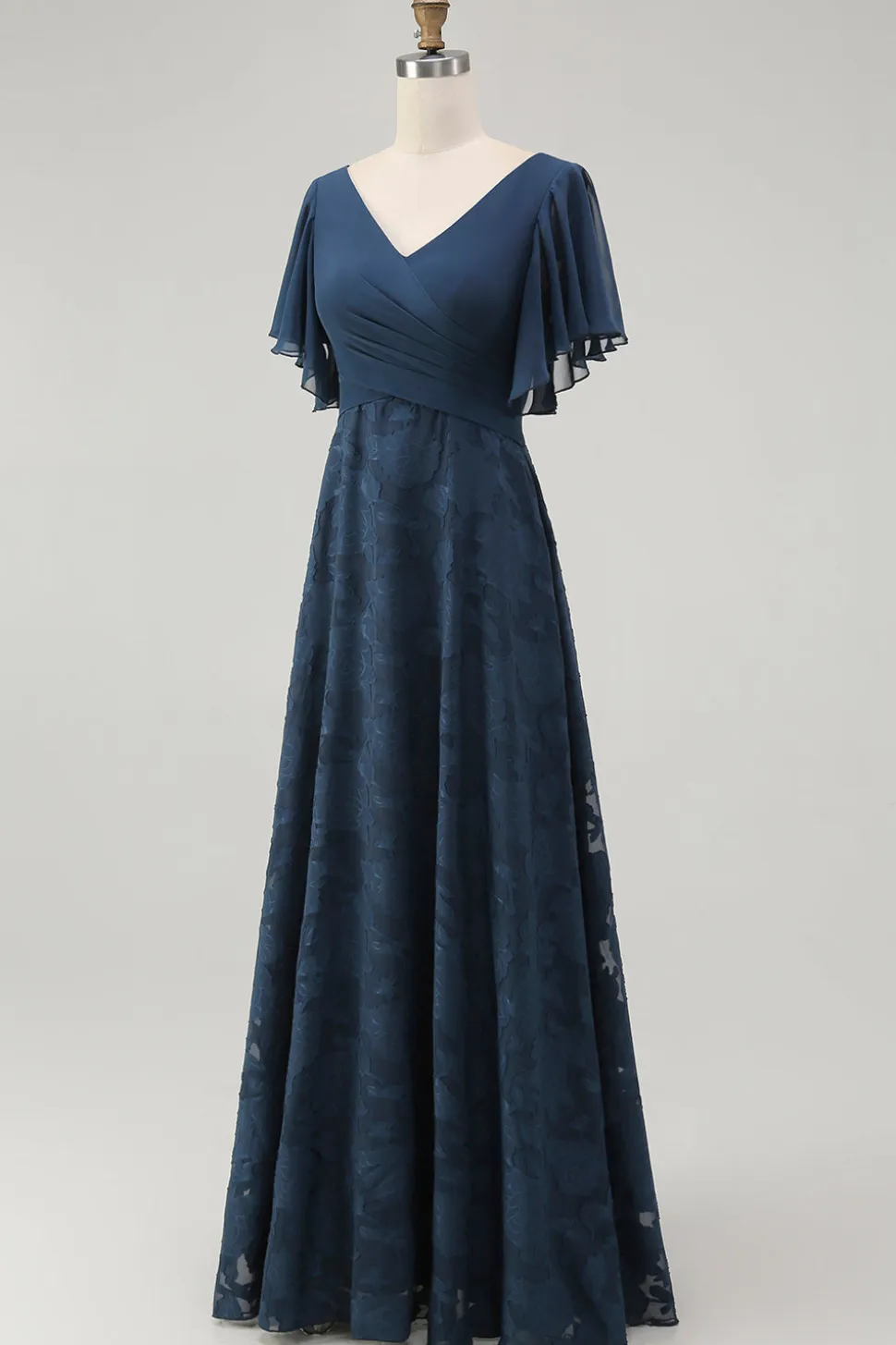 Marinha Floral A Linha V Pescoço Longo Vestido Madrinha com mangas Flutter
