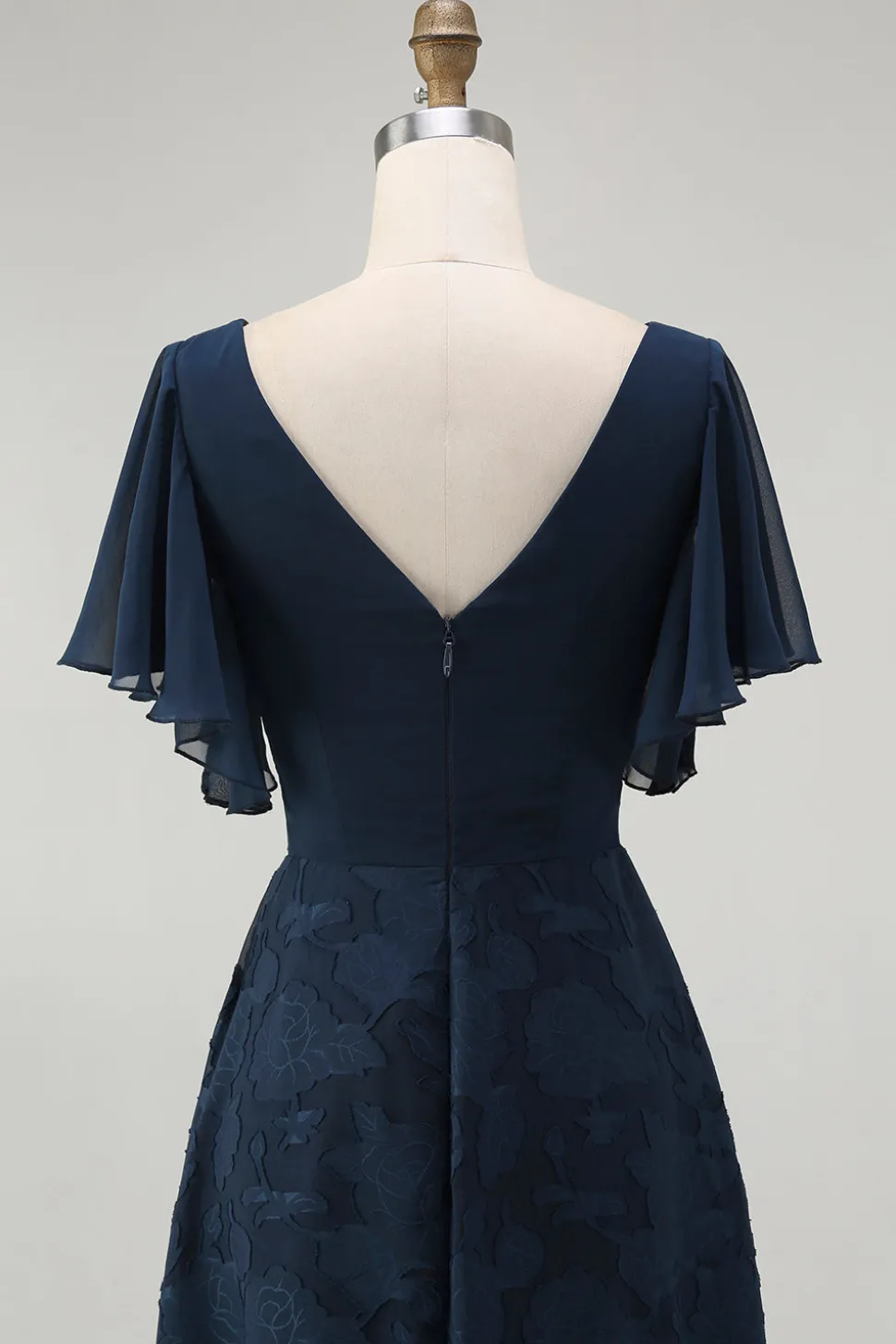 Marinha Floral A Linha V Pescoço Longo Vestido Madrinha com mangas Flutter