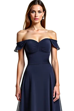 Marinha Fora do Ombro Longo Linha-A Vestido Mae Noiva