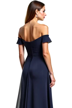 Marinha Fora do Ombro Longo Linha-A Vestido Mae Noiva