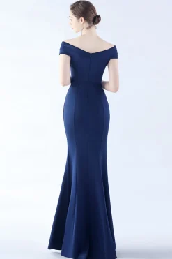 Marinha Fora do Ombro Sereia Crepe Vestido Formal com Fenda