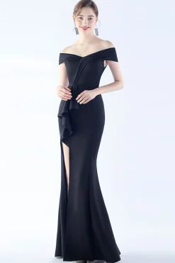 Marinha Fora do Ombro Sereia Crepe Vestido Formal com Fenda