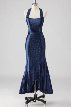 Marinha Halter frisado Sereia Ruffles Vestido Formal Longo