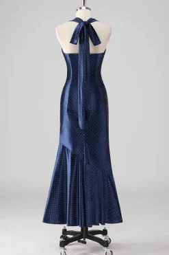 Marinha Halter frisado Sereia Ruffles Vestido Formal Longo