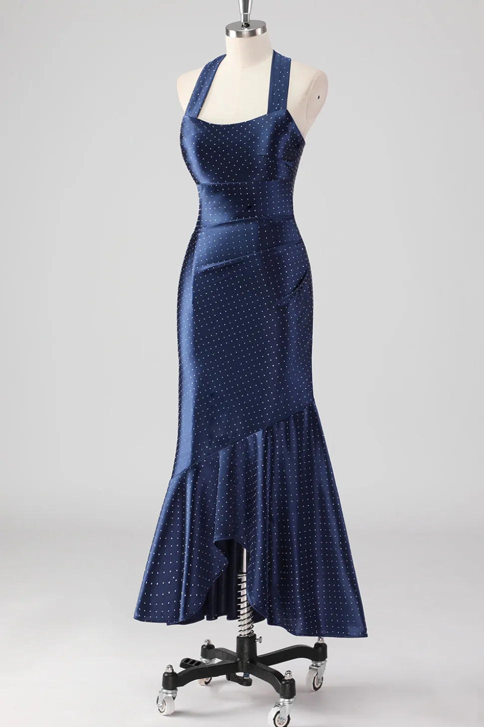Marinha Halter frisado Sereia Ruffles Vestido Formal Longo