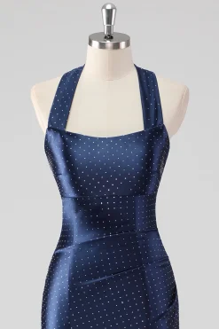 Marinha Halter frisado Sereia Ruffles Vestido Formal Longo
