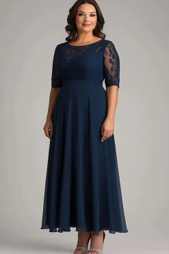 Marinha Linha-A Chiffon Renda Tamanhos Grandes Longo Vestido Mae Noiva