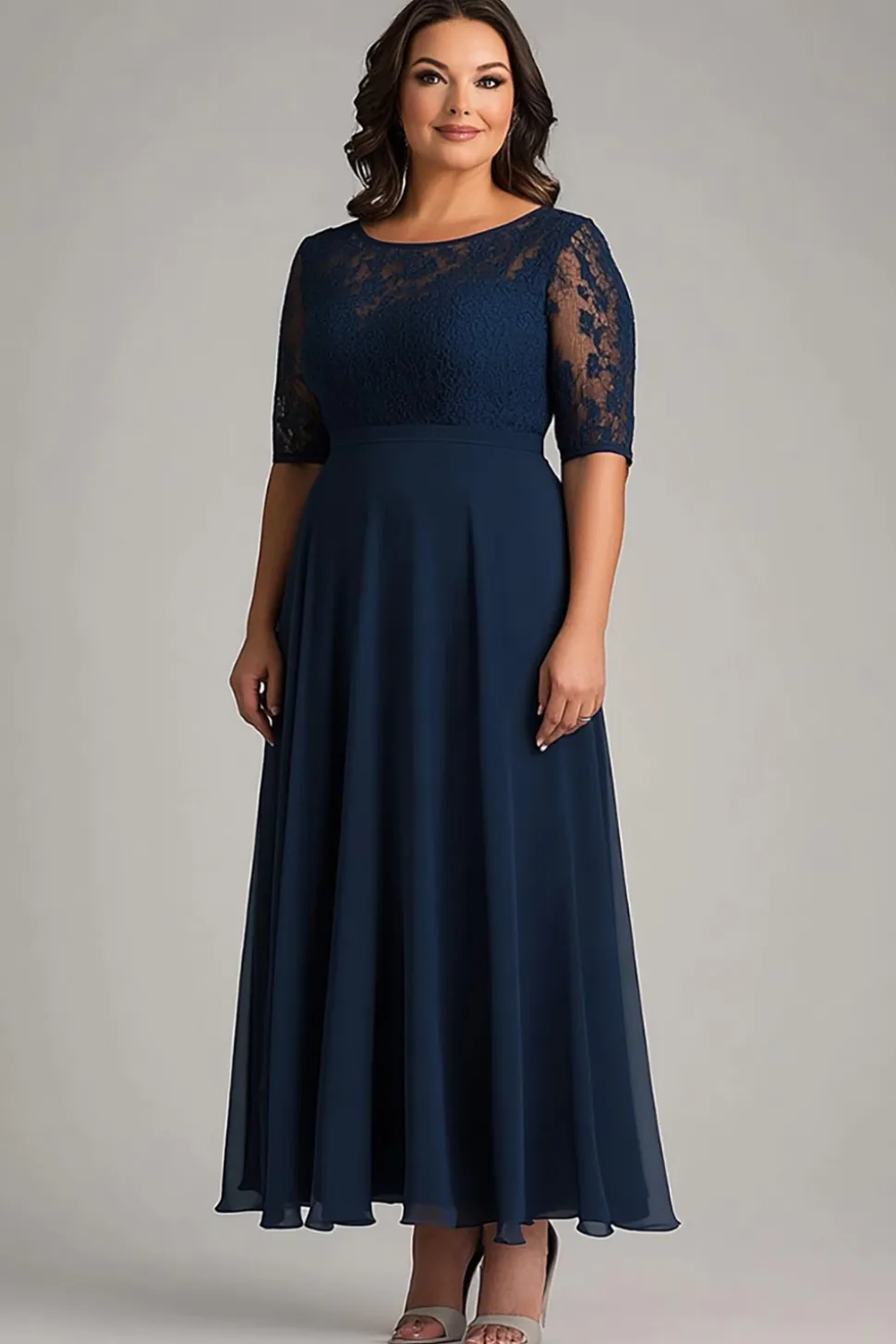 Marinha Linha-A Chiffon Renda Tamanhos Grandes Longo Vestido Mae Noiva