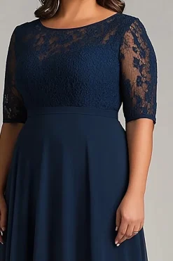 Marinha Linha-A Chiffon Renda Tamanhos Grandes Longo Vestido Mae Noiva