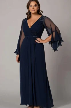 Marinha Linha-A Decote em V Tamanhos Grandes Longo Vestido Mae Noiva