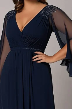 Marinha Linha-A Decote em V Tamanhos Grandes Longo Vestido Mae Noiva
