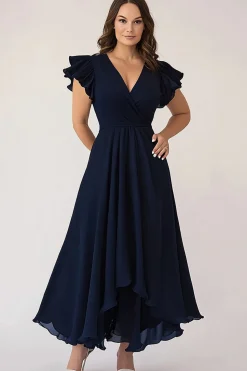 Marinha Linha-A Decote em V Chiffon Longo Vestido Mae Noiva