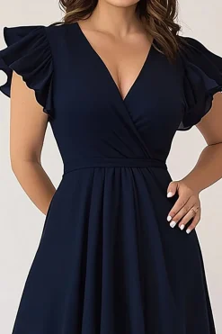 Marinha Linha-A Decote em V Chiffon Longo Vestido Mae Noiva