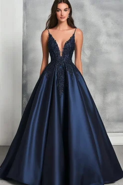 Marinha Linha-A Decote em V Longo Cetim Vestido De Baile com Apliques