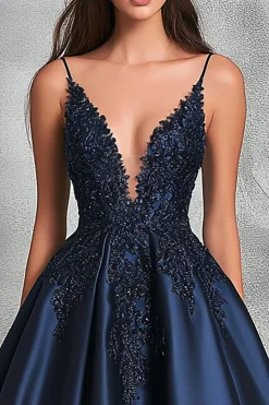 Marinha Linha-A Decote em V Longo Cetim Vestido De Baile com Apliques