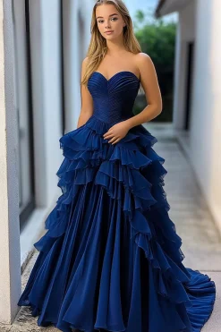 Marinha Linha-A Sem Alças Babados Longo Vestidos Baile De Finalistas