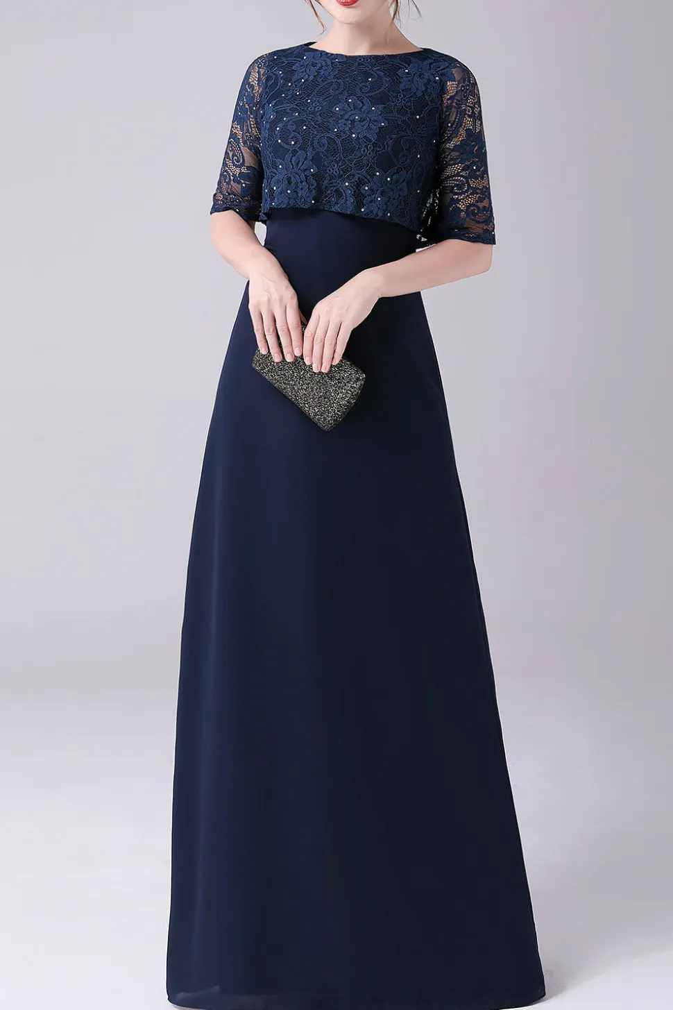 Marinha mangas curtas A-line Chiffon comprimento do chão mãe do vestido da noiva
