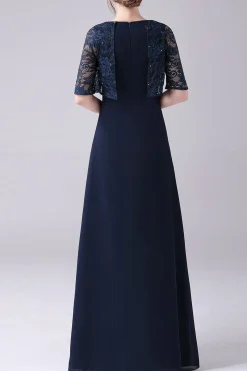 Marinha mangas curtas A-line Chiffon comprimento do chão mãe do vestido da noiva