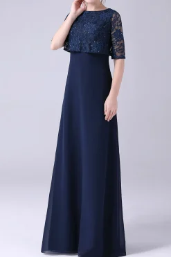 Marinha mangas curtas A-line Chiffon comprimento do chão mãe do vestido da noiva