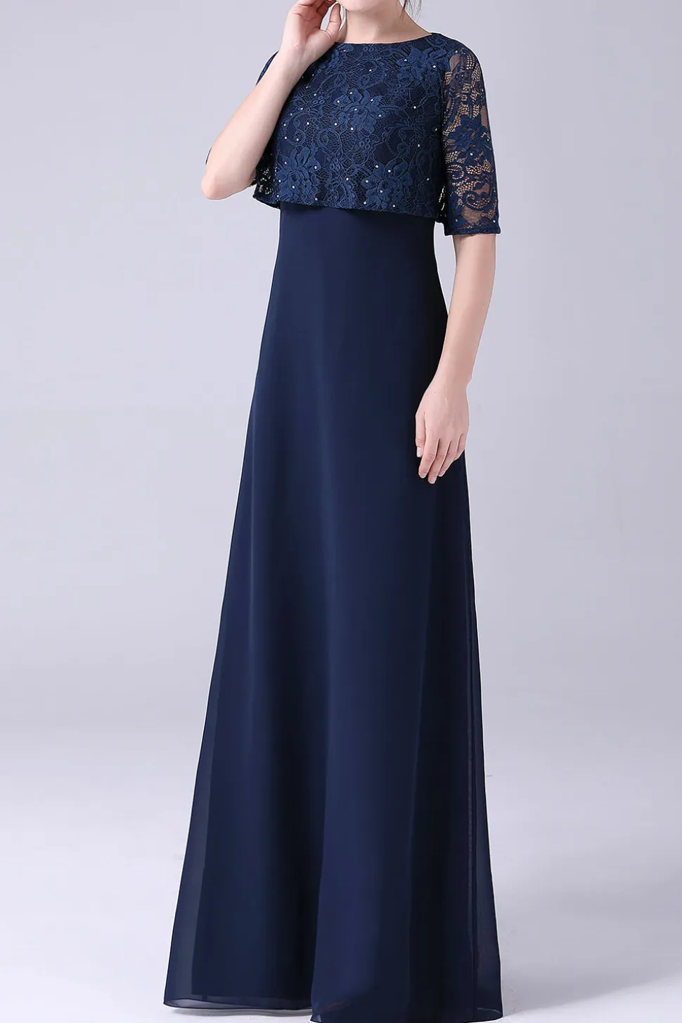 Marinha mangas curtas A-line Chiffon comprimento do chão mãe do vestido da noiva