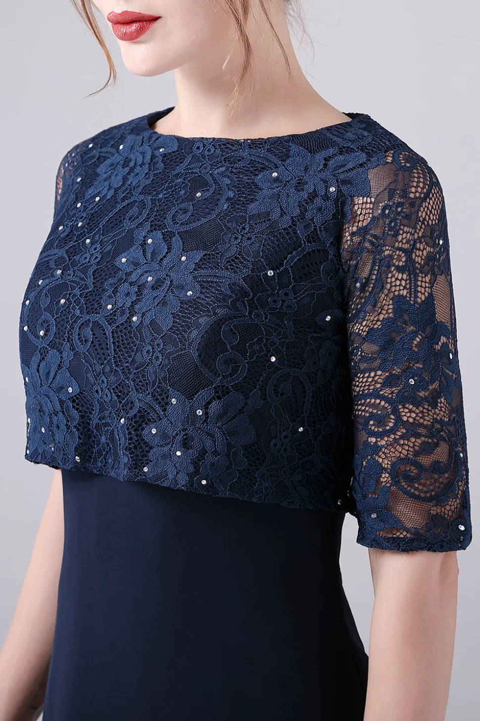 Marinha mangas curtas A-line Chiffon comprimento do chão mãe do vestido da noiva