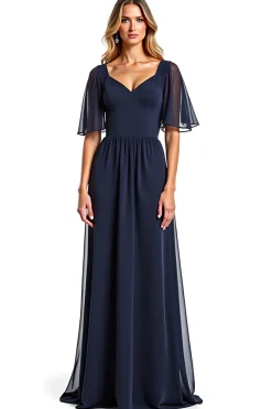 Marinha Mangas Curtas Bainha Longa Vestido Mae Noiva