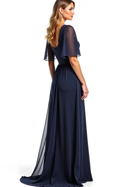 Marinha Mangas Curtas Bainha Longa Vestido Mae Noiva