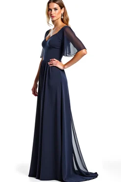 Marinha Mangas Curtas Bainha Longa Vestido Mae Noiva