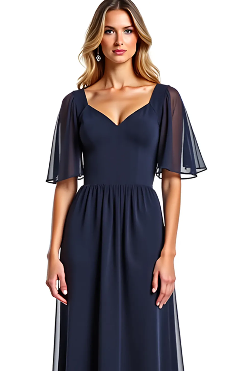 Marinha Mangas Curtas Bainha Longa Vestido Mae Noiva