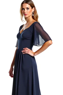 Marinha Mangas Curtas Bainha Longa Vestido Mae Noiva