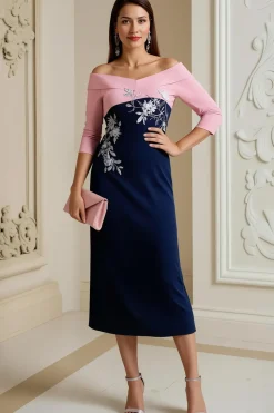 Marinha Off The Shoulder 3/4 Manga Mãe do Vestido da Noiva com Apliques de Renda