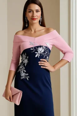 Marinha Off The Shoulder 3/4 Manga Mãe do Vestido da Noiva com Apliques de Renda