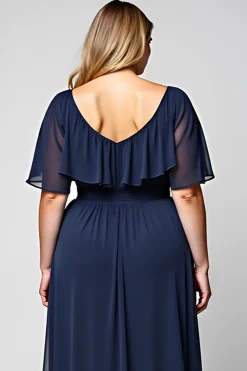 Marinha Pescoço Redondo Bainha Longo Vestido Mae Noiva