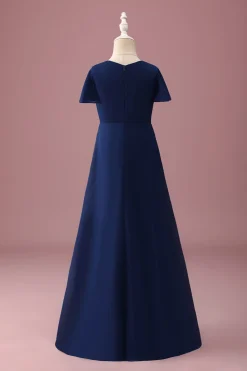 Marinha pescoço redondo uma linha vestido de dama de honra júnior com mangas curtas