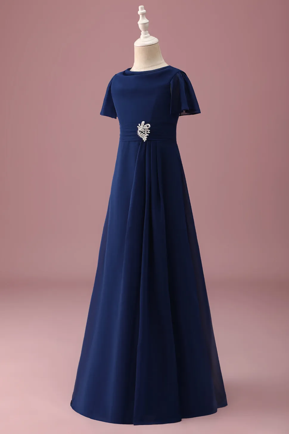 Marinha pescoço redondo uma linha vestido de dama de honra júnior com mangas curtas