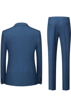 Marinha Pinstriped Pico Lapela 3 Peças Homens Ternos Formais