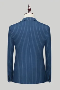 Marinha Pinstriped Pico Lapela 3 Peças Homens Ternos Formais
