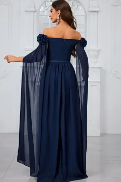 Marinha plissada uma linha fora do ombro longo vestido de baile