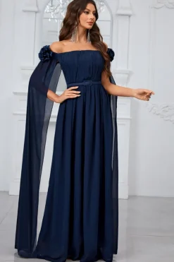 Marinha plissada uma linha fora do ombro longo vestido de baile