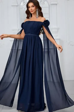 Marinha plissada uma linha fora do ombro longo vestido de baile