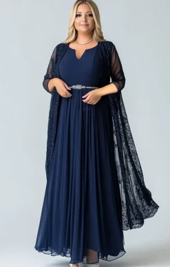 Marinha Ruched Chiffon Uma Linha Mangas Longas Mãe do Vestido da Noiva com Xale